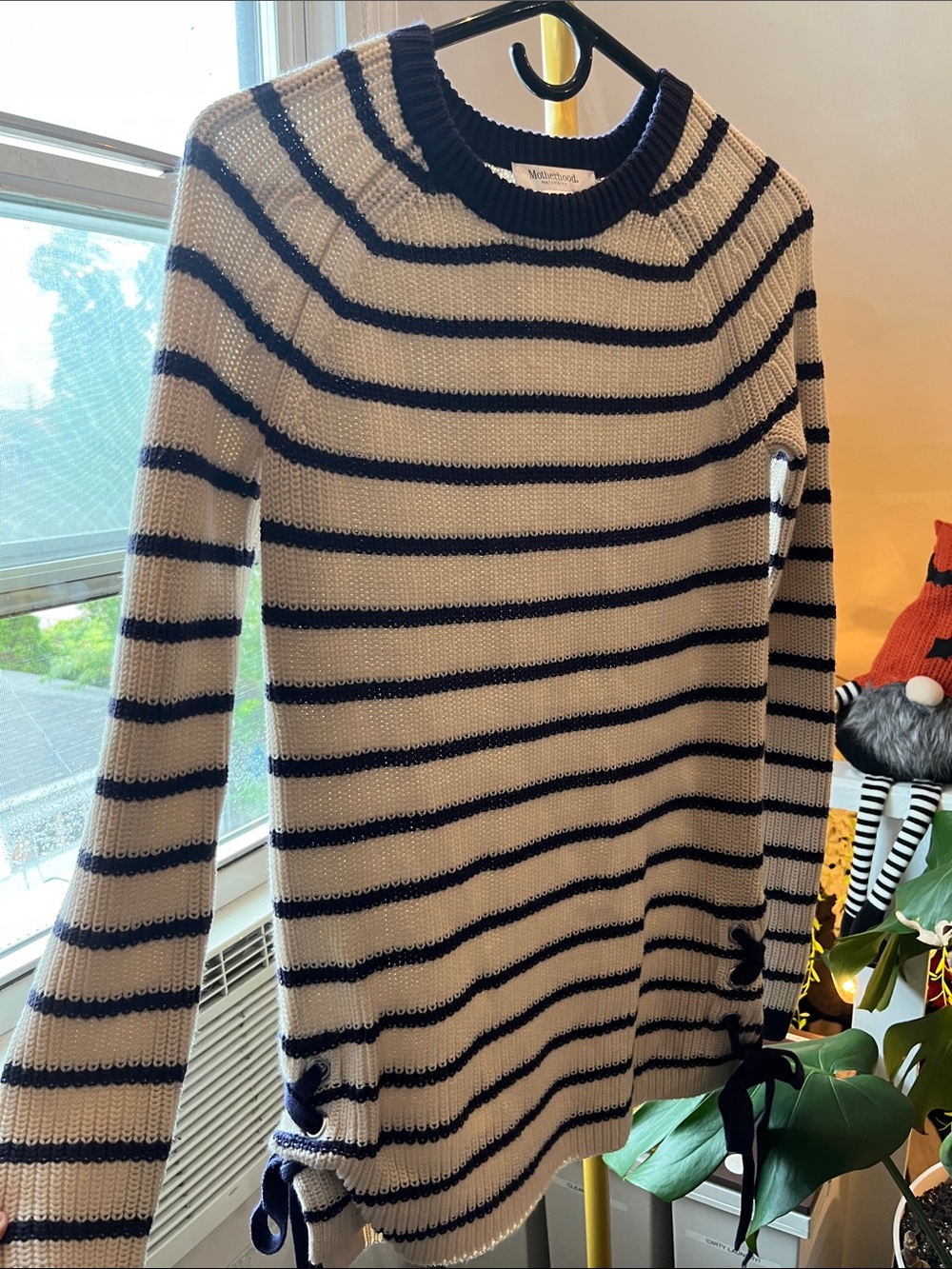 Motherhood Maternity Navy & Cream Striped Crewneck Sweater with Side Bows